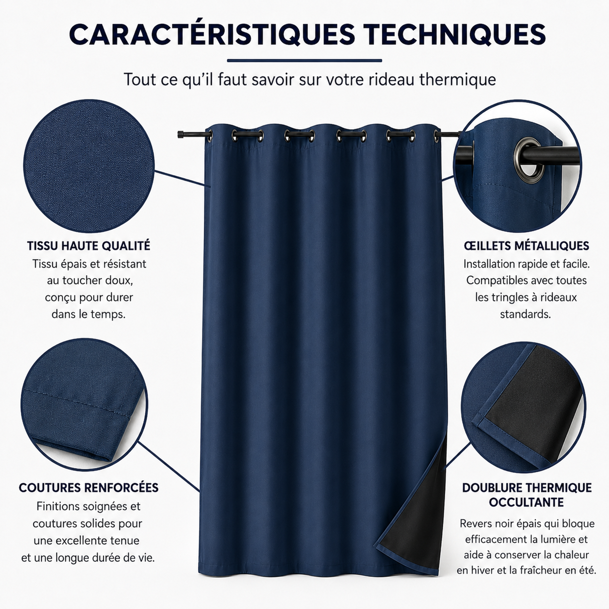 Rideau thermique occultant Boréal, coloris bleu nuit