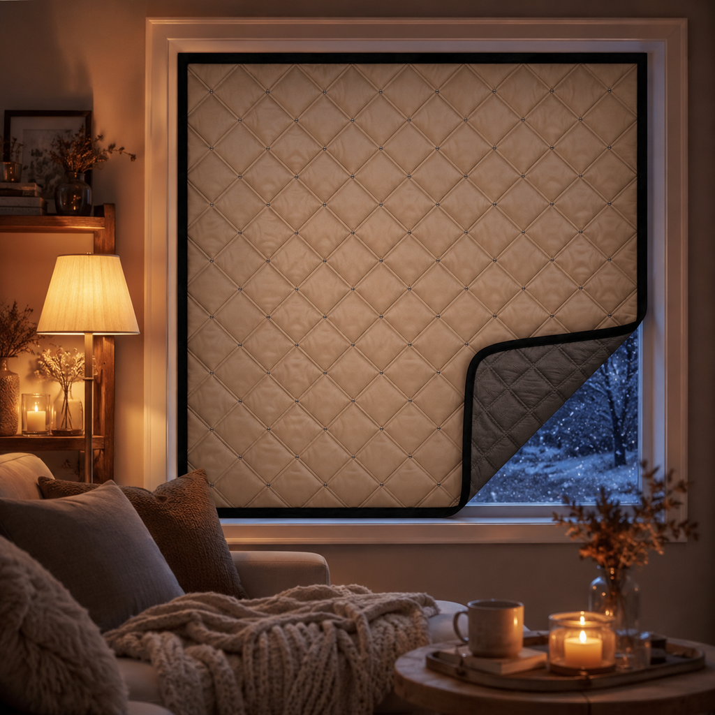 Rideau thermique isolant matelassé Nordik posé devant une fenêtre