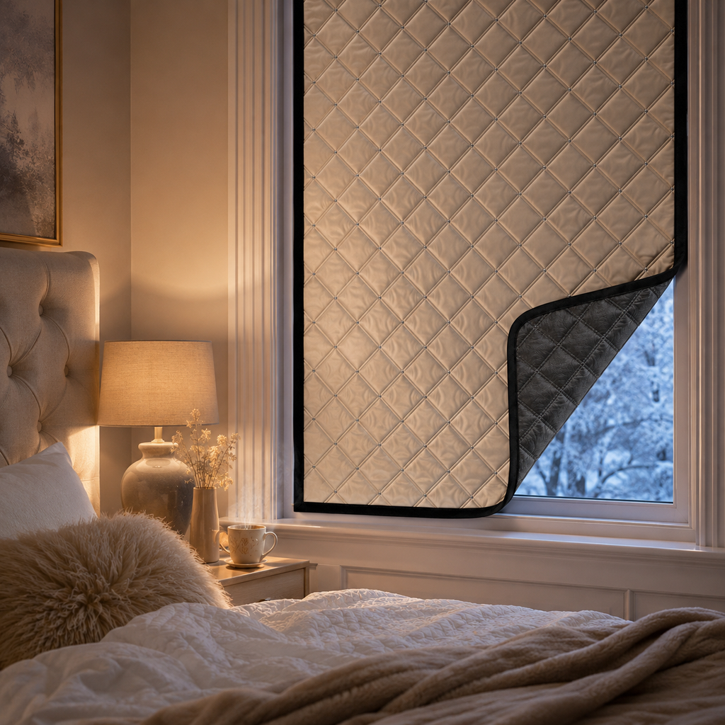 Rideau isolant Nordik dans une chambre, face beige champagne