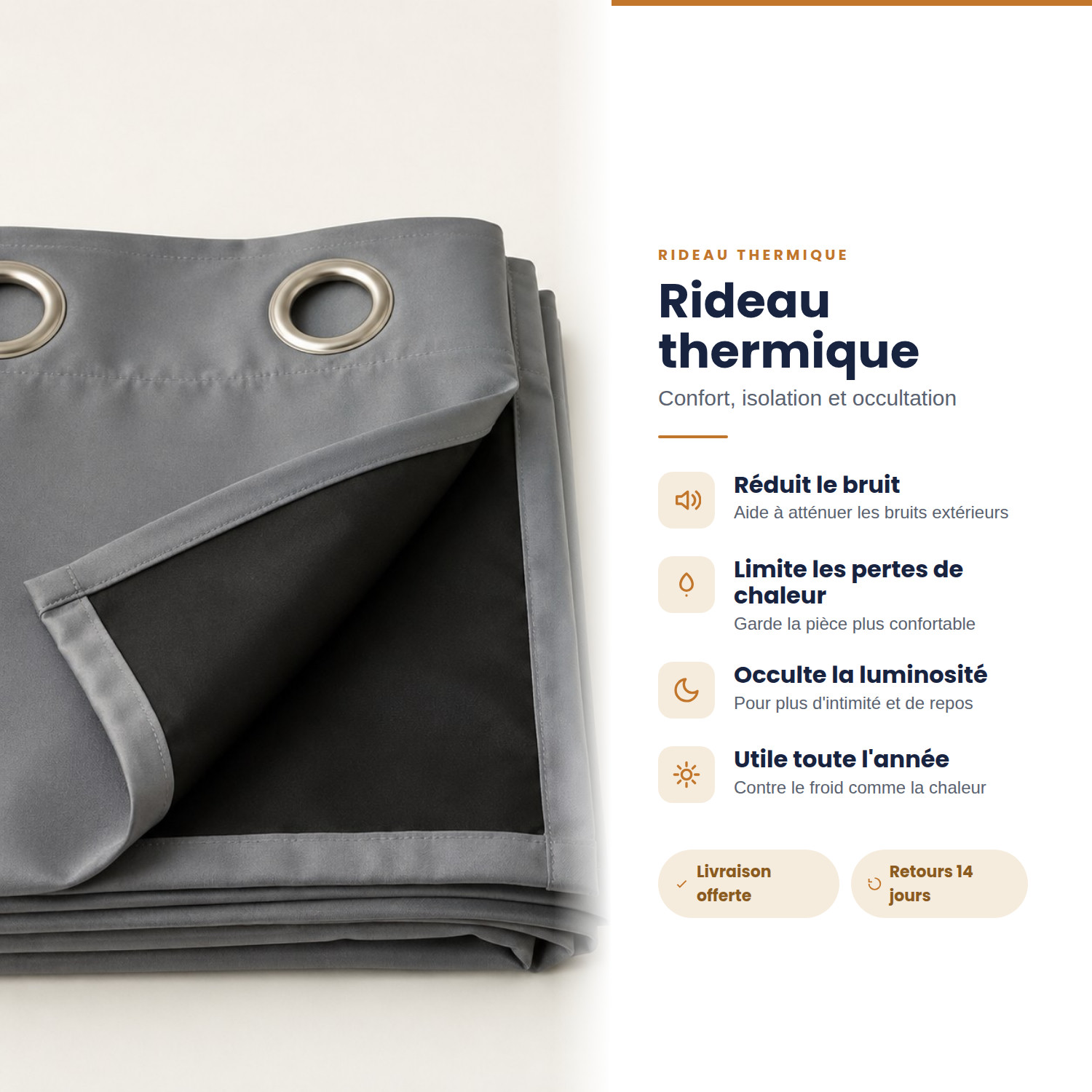 Rideau thermique occultant Boréal, coloris gris